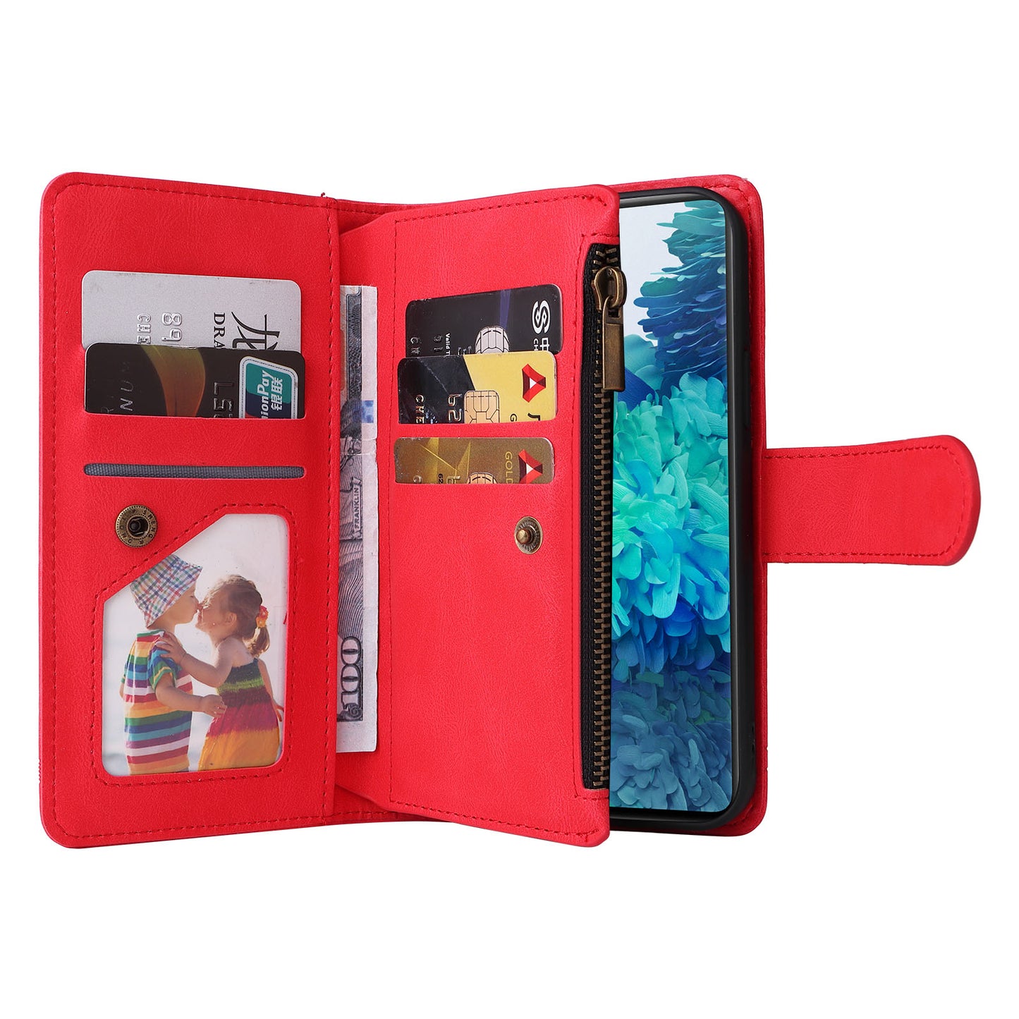 Full Protection Stripes Imprinted Skin-touch Wallet Stand Leather Cover Card Slots Phone Case with Zipper Pocket for Samsung Galaxy S20 FE 2022/S20 FE/S20 FE 5G/S20 Lite - Red
