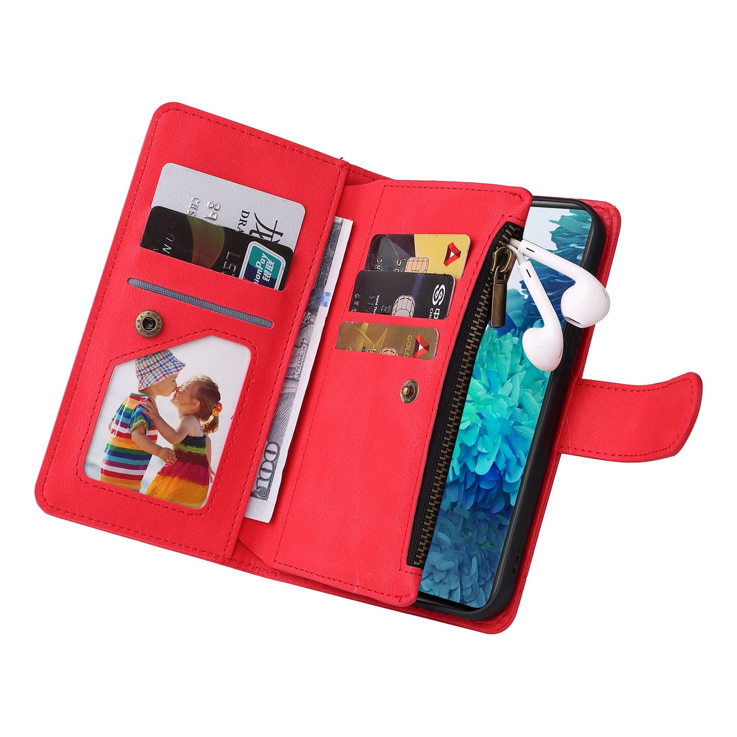 Full Protection Stripes Imprinted Skin-touch Wallet Stand Leather Cover Card Slots Phone Case with Zipper Pocket for Samsung Galaxy S20 FE 2022/S20 FE/S20 FE 5G/S20 Lite - Red