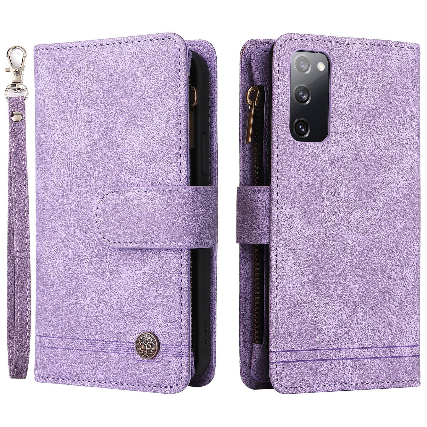 Full Protection Stripes Imprinted Skin-touch Wallet Stand Leather Cover Card Slots Phone Case with Zipper Pocket for Samsung Galaxy S20 FE 2022/S20 FE/S20 FE 5G/S20 Lite - Purple
