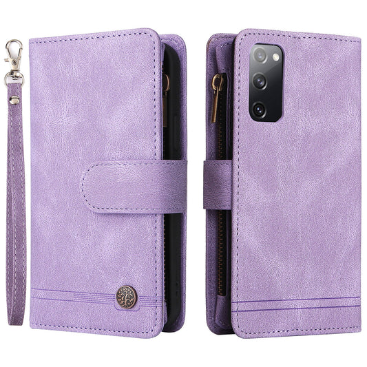 Full Protection Stripes Imprinted Skin-touch Wallet Stand Leather Cover Card Slots Phone Case with Zipper Pocket for Samsung Galaxy S20 FE 2022/S20 FE/S20 FE 5G/S20 Lite - Purple