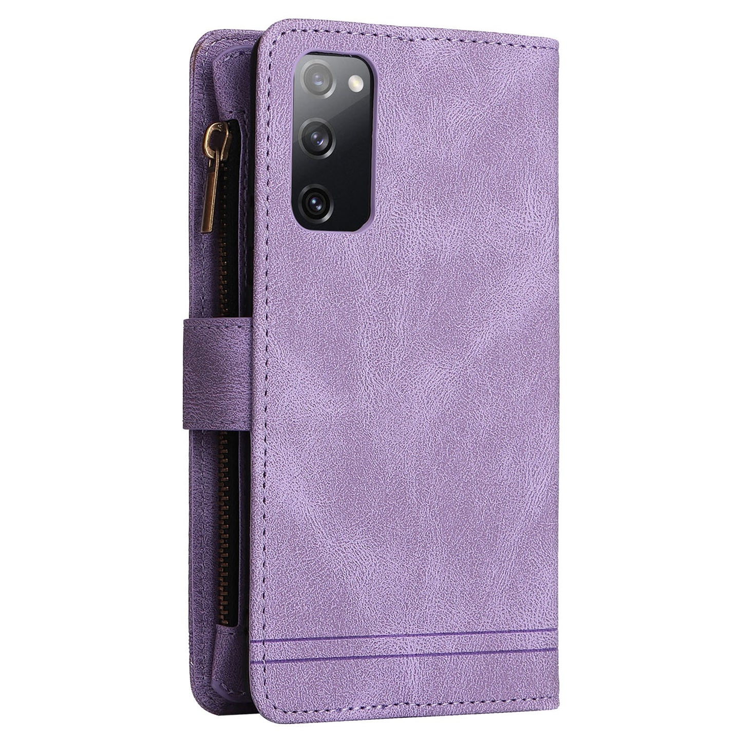 Full Protection Stripes Imprinted Skin-touch Wallet Stand Leather Cover Card Slots Phone Case with Zipper Pocket for Samsung Galaxy S20 FE 2022/S20 FE/S20 FE 5G/S20 Lite - Purple