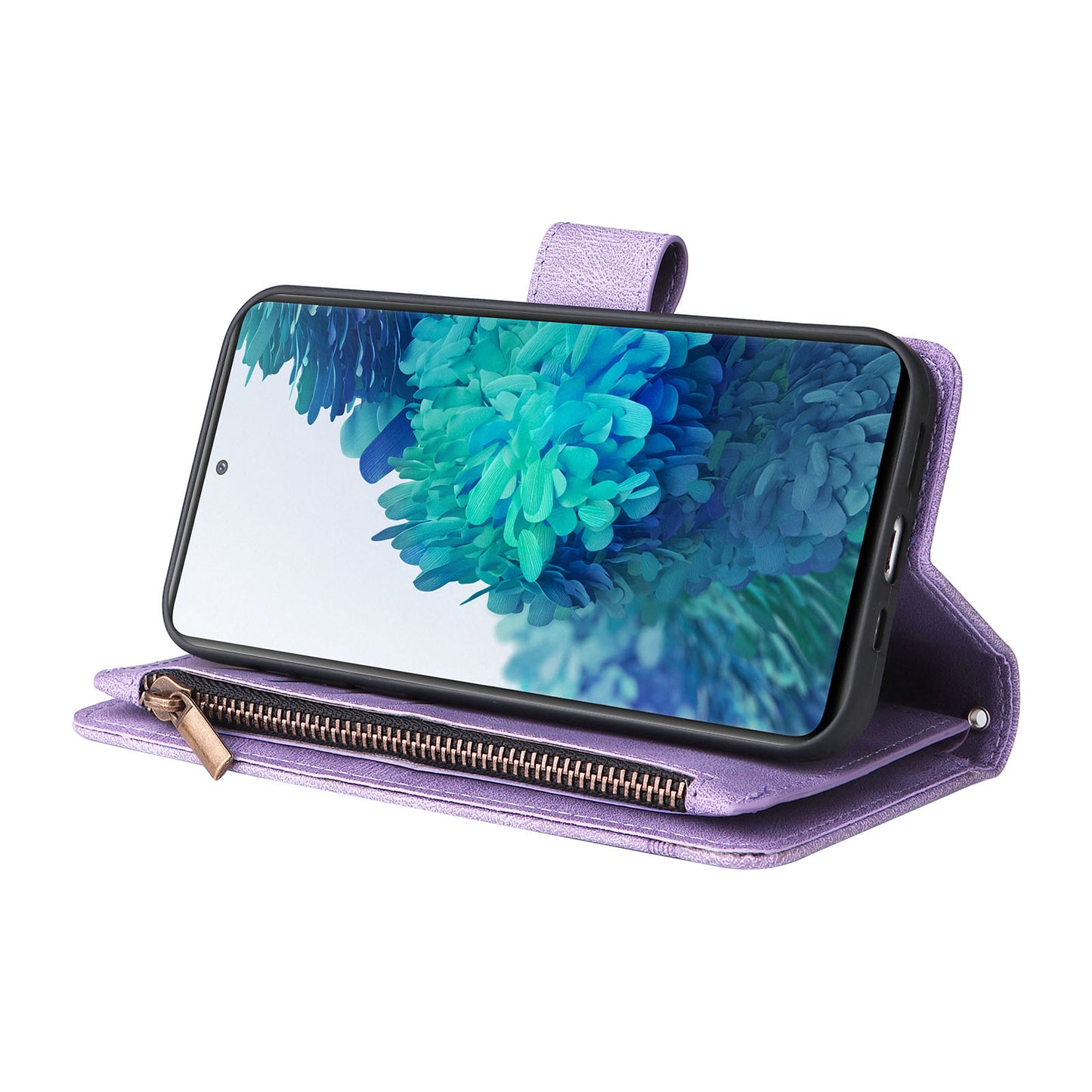 Full Protection Stripes Imprinted Skin-touch Wallet Stand Leather Cover Card Slots Phone Case with Zipper Pocket for Samsung Galaxy S20 FE 2022/S20 FE/S20 FE 5G/S20 Lite - Purple
