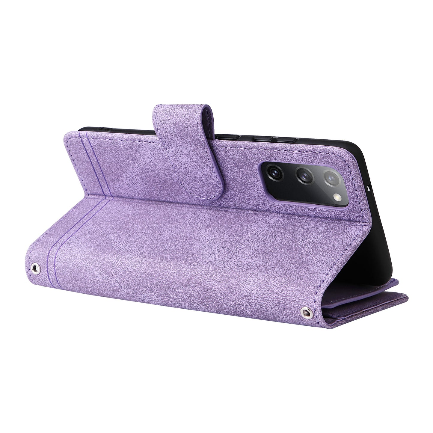 Full Protection Stripes Imprinted Skin-touch Wallet Stand Leather Cover Card Slots Phone Case with Zipper Pocket for Samsung Galaxy S20 FE 2022/S20 FE/S20 FE 5G/S20 Lite - Purple