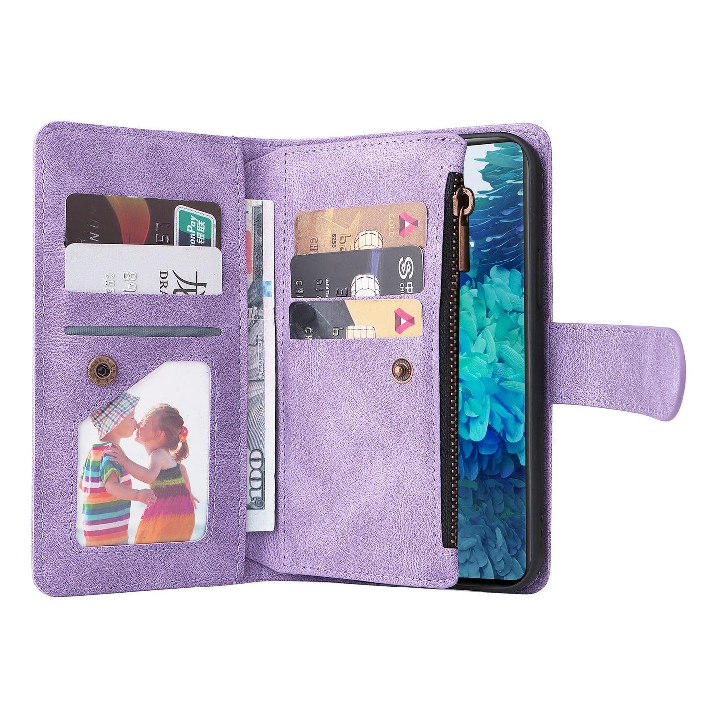 Full Protection Stripes Imprinted Skin-touch Wallet Stand Leather Cover Card Slots Phone Case with Zipper Pocket for Samsung Galaxy S20 FE 2022/S20 FE/S20 FE 5G/S20 Lite - Purple