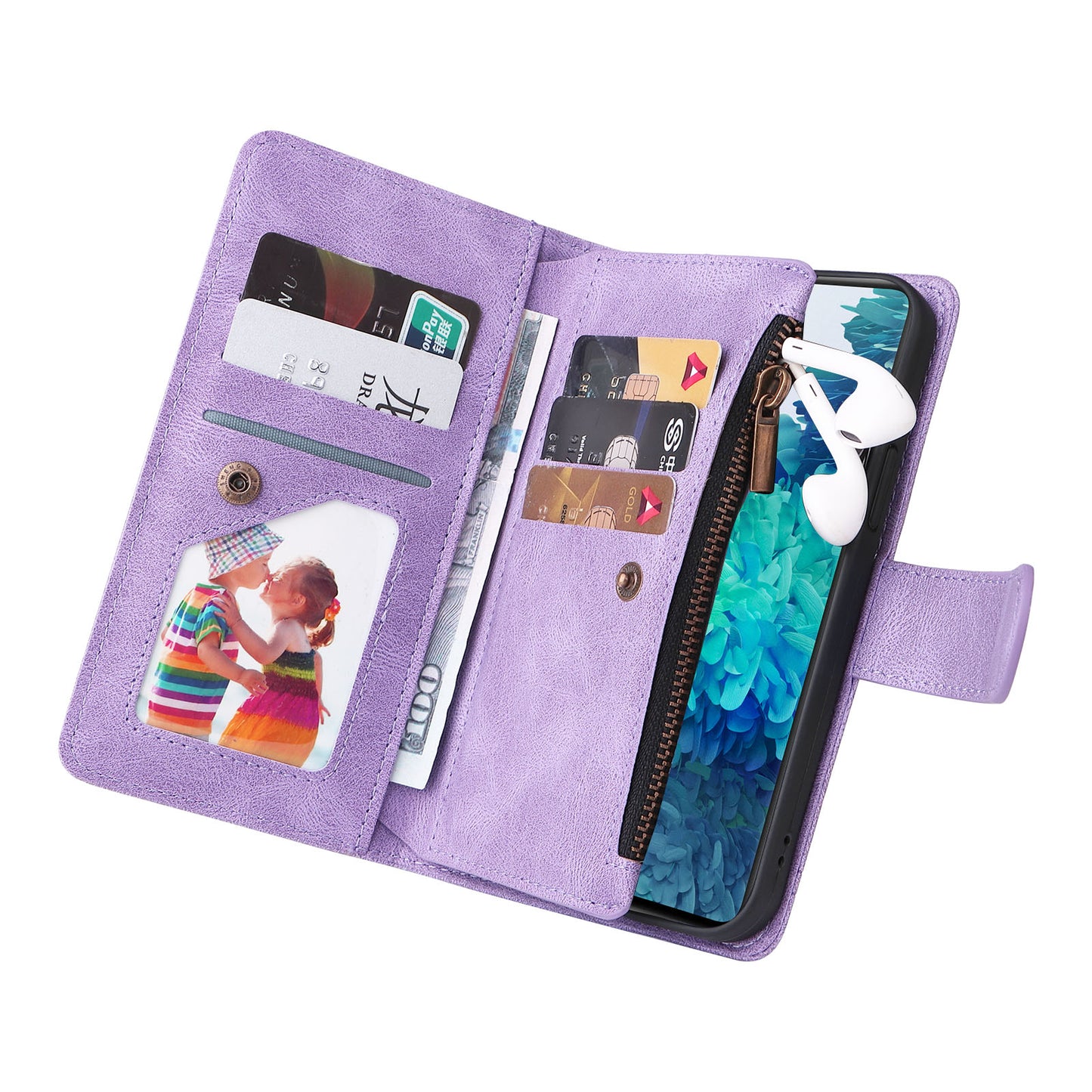 Full Protection Stripes Imprinted Skin-touch Wallet Stand Leather Cover Card Slots Phone Case with Zipper Pocket for Samsung Galaxy S20 FE 2022/S20 FE/S20 FE 5G/S20 Lite - Purple