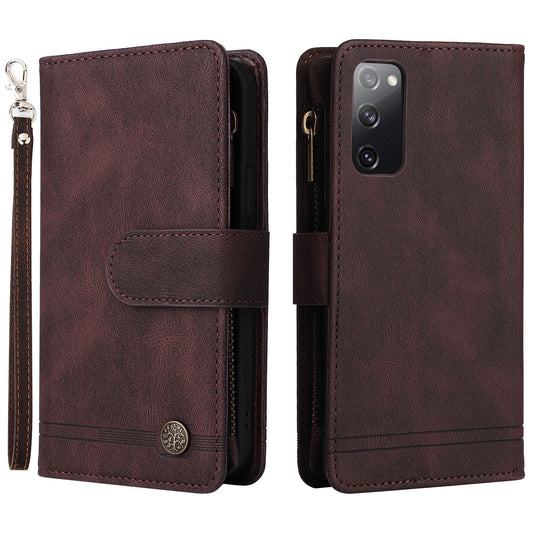 Full Protection Stripes Imprinted Skin-touch Wallet Stand Leather Cover Card Slots Phone Case with Zipper Pocket for Samsung Galaxy S20 FE 2022/S20 FE/S20 FE 5G/S20 Lite - Brown
