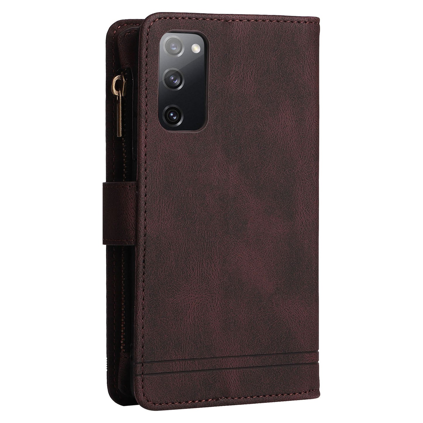 Full Protection Stripes Imprinted Skin-touch Wallet Stand Leather Cover Card Slots Phone Case with Zipper Pocket for Samsung Galaxy S20 FE 2022/S20 FE/S20 FE 5G/S20 Lite - Brown