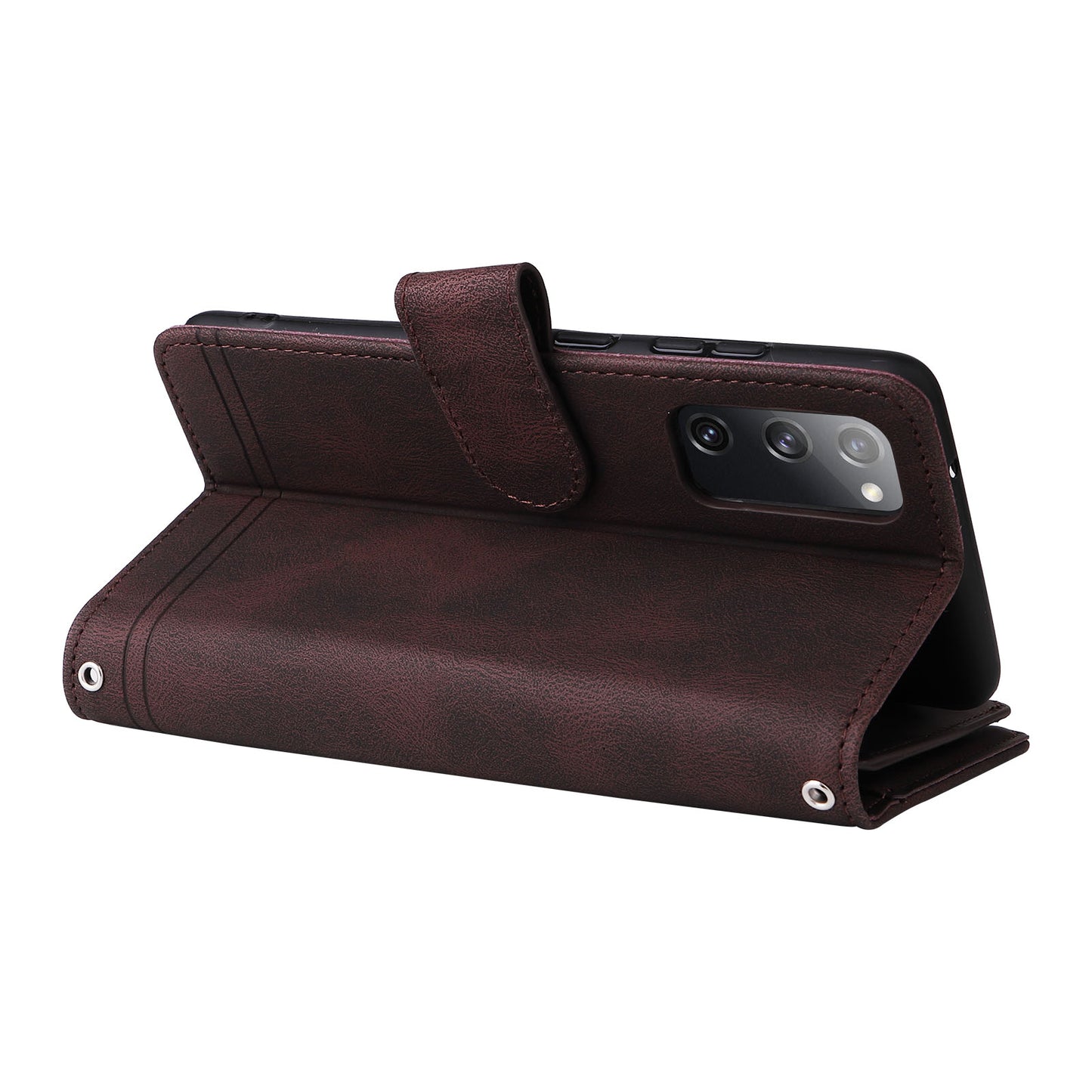 Full Protection Stripes Imprinted Skin-touch Wallet Stand Leather Cover Card Slots Phone Case with Zipper Pocket for Samsung Galaxy S20 FE 2022/S20 FE/S20 FE 5G/S20 Lite - Brown