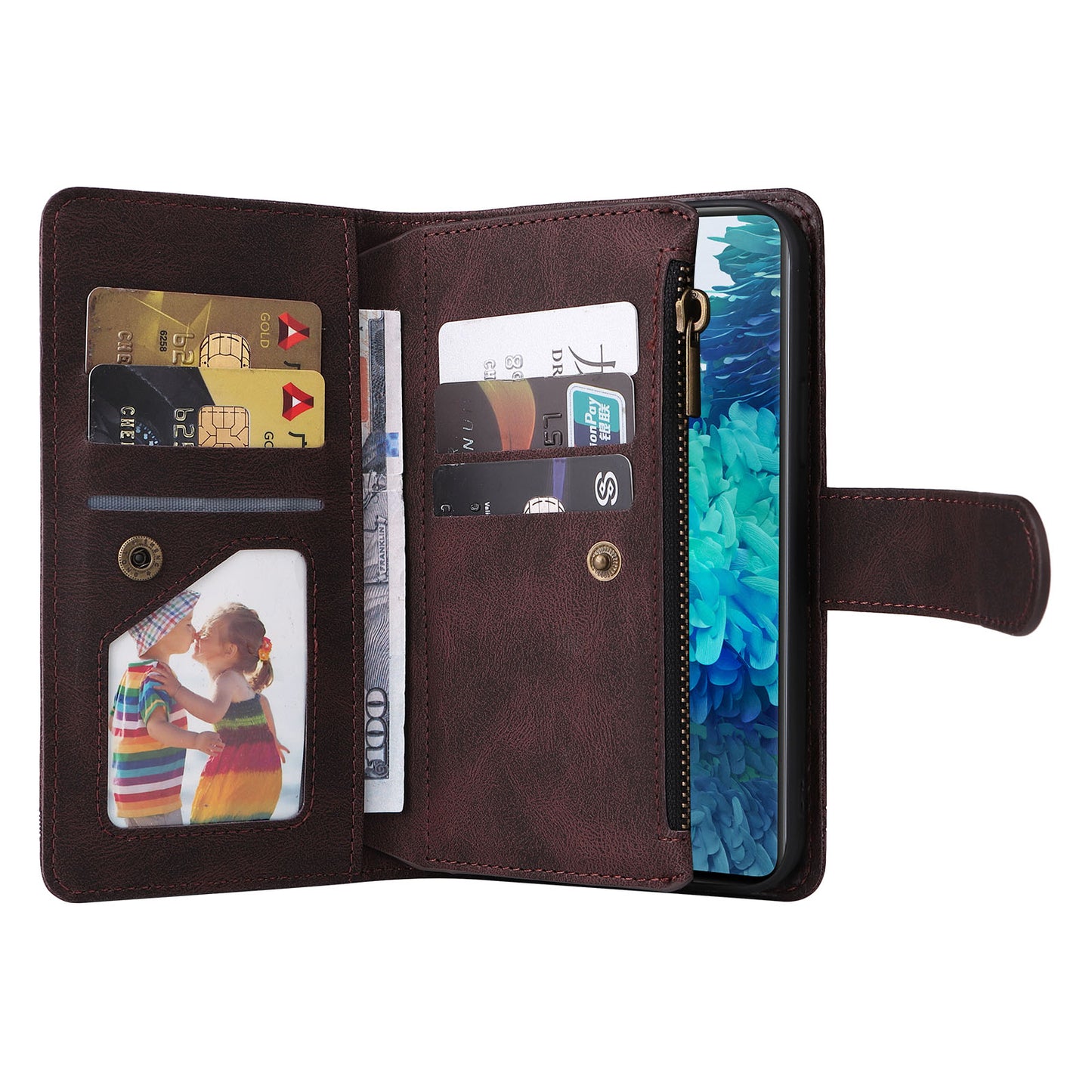 Full Protection Stripes Imprinted Skin-touch Wallet Stand Leather Cover Card Slots Phone Case with Zipper Pocket for Samsung Galaxy S20 FE 2022/S20 FE/S20 FE 5G/S20 Lite - Brown