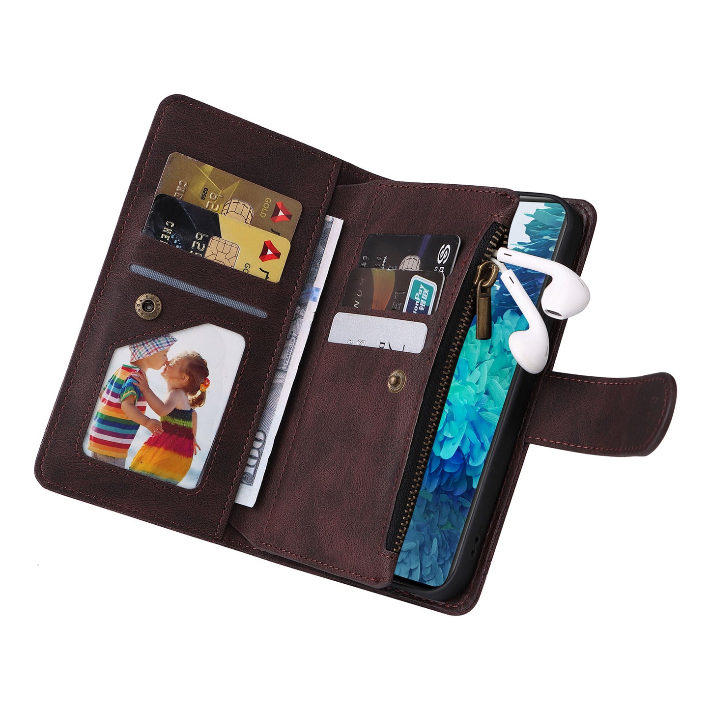 Full Protection Stripes Imprinted Skin-touch Wallet Stand Leather Cover Card Slots Phone Case with Zipper Pocket for Samsung Galaxy S20 FE 2022/S20 FE/S20 FE 5G/S20 Lite - Brown