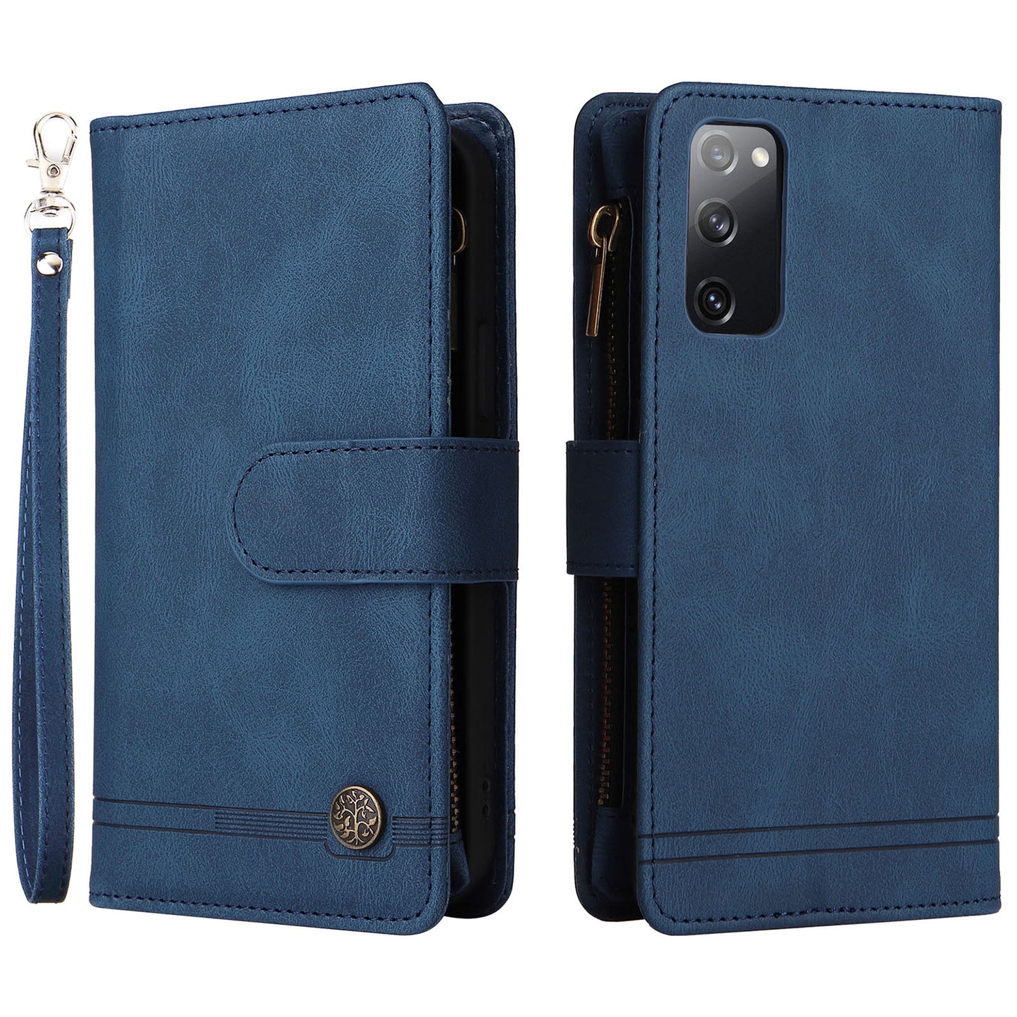 Full Protection Stripes Imprinted Skin-touch Wallet Stand Leather Cover Card Slots Phone Case with Zipper Pocket for Samsung Galaxy S20 FE 2022/S20 FE/S20 FE 5G/S20 Lite - Blue