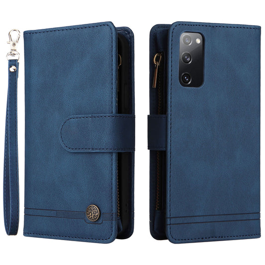 Full Protection Stripes Imprinted Skin-touch Wallet Stand Leather Cover Card Slots Phone Case with Zipper Pocket for Samsung Galaxy S20 FE 2022/S20 FE/S20 FE 5G/S20 Lite - Blue