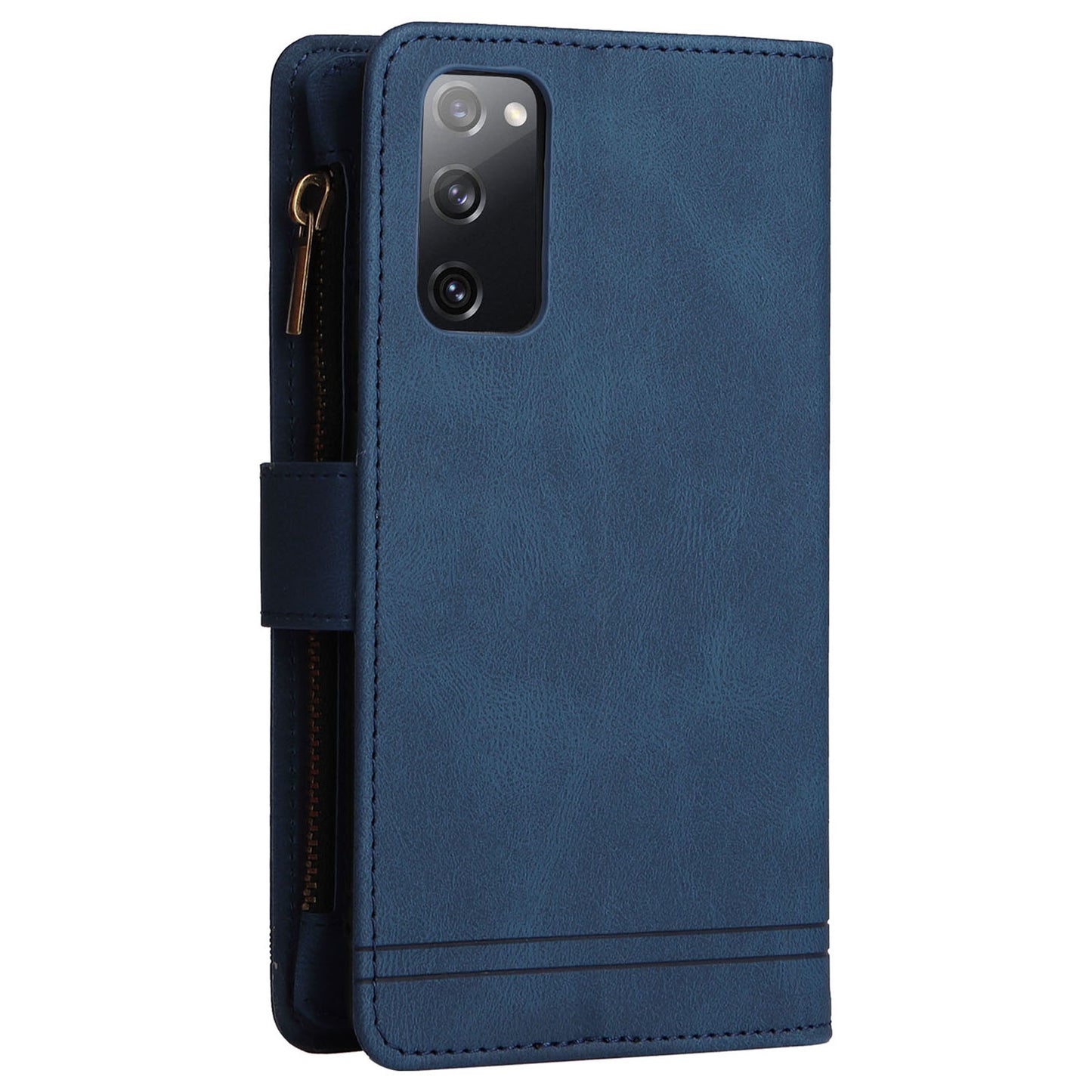Full Protection Stripes Imprinted Skin-touch Wallet Stand Leather Cover Card Slots Phone Case with Zipper Pocket for Samsung Galaxy S20 FE 2022/S20 FE/S20 FE 5G/S20 Lite - Blue