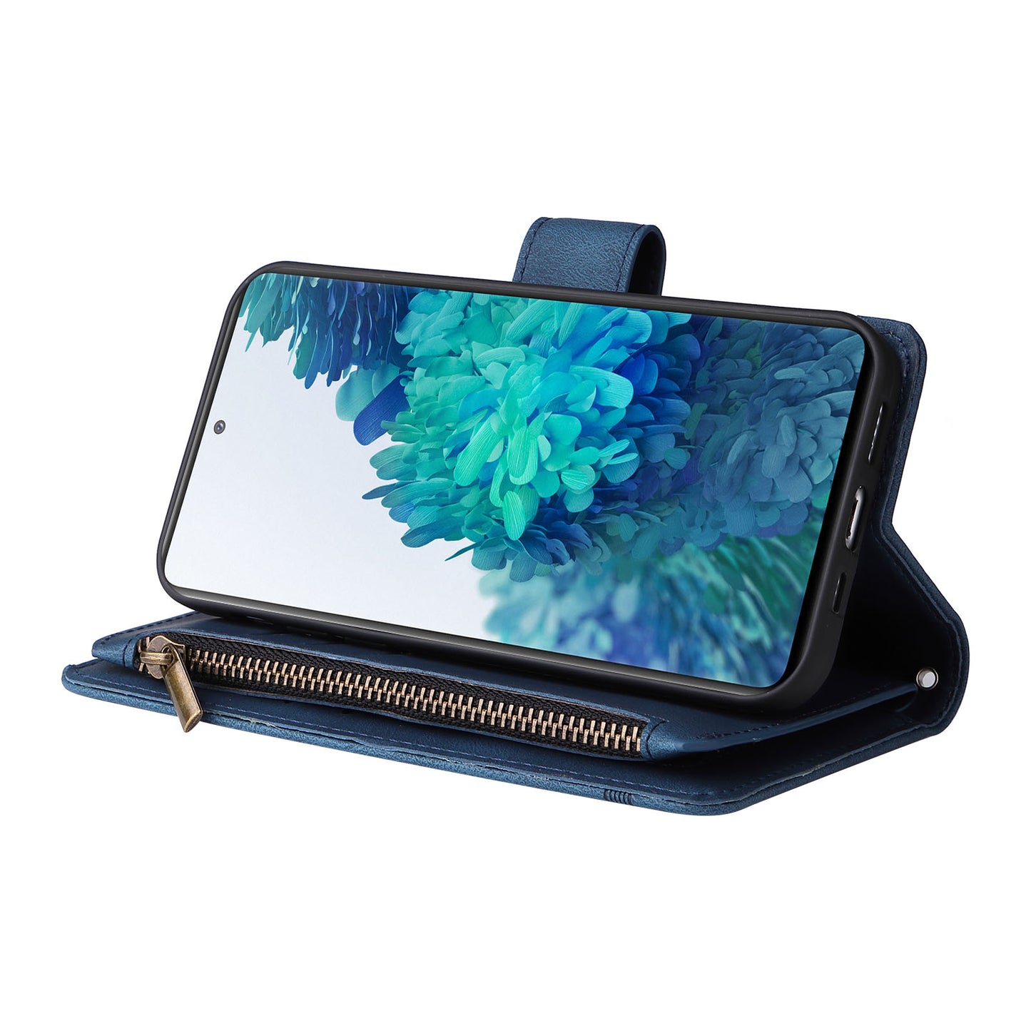 Full Protection Stripes Imprinted Skin-touch Wallet Stand Leather Cover Card Slots Phone Case with Zipper Pocket for Samsung Galaxy S20 FE 2022/S20 FE/S20 FE 5G/S20 Lite - Blue