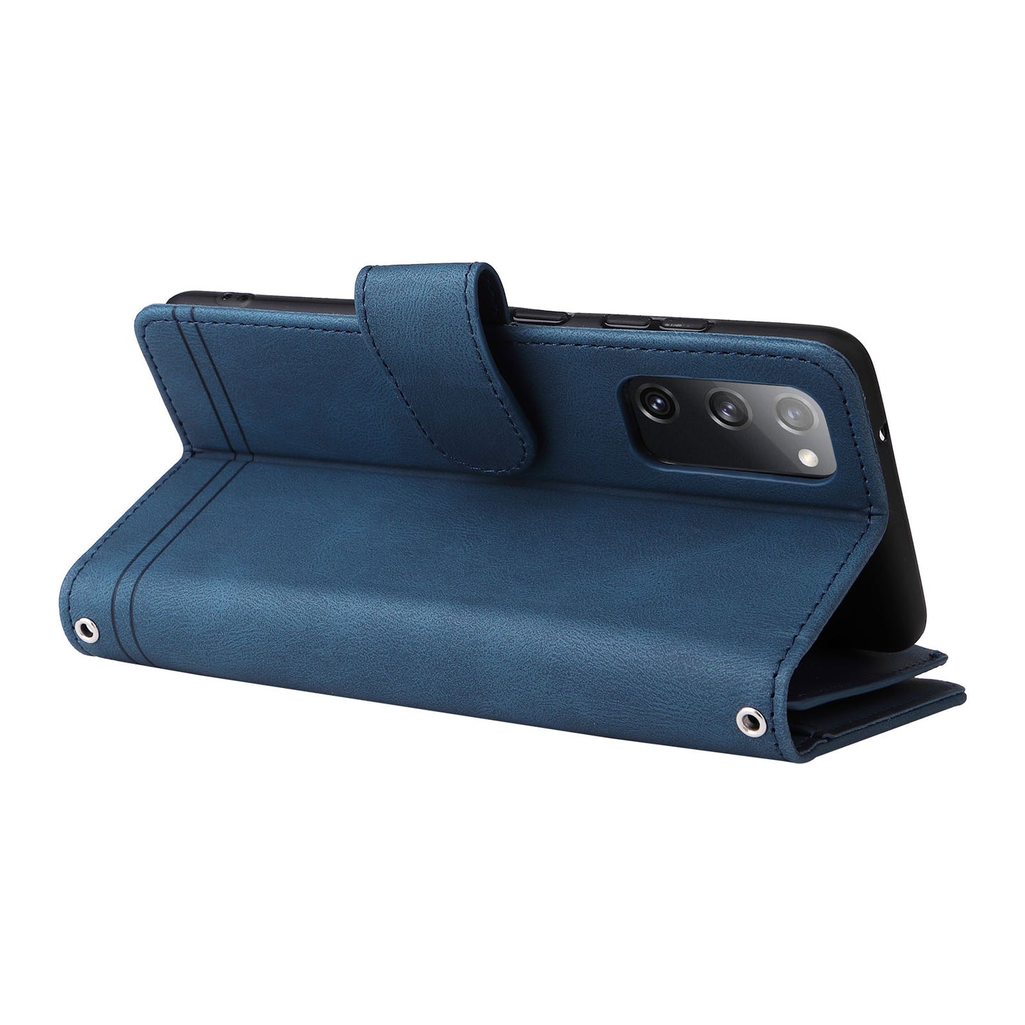 Full Protection Stripes Imprinted Skin-touch Wallet Stand Leather Cover Card Slots Phone Case with Zipper Pocket for Samsung Galaxy S20 FE 2022/S20 FE/S20 FE 5G/S20 Lite - Blue