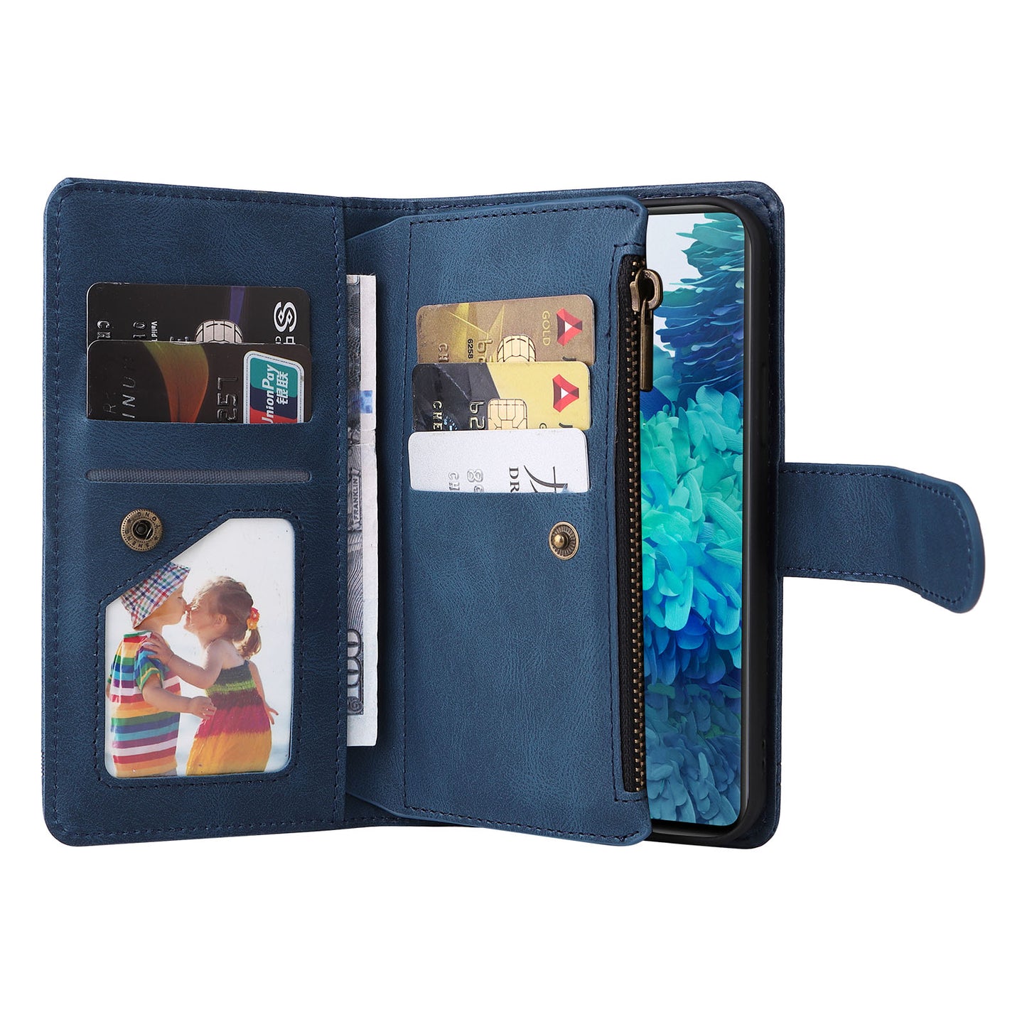 Full Protection Stripes Imprinted Skin-touch Wallet Stand Leather Cover Card Slots Phone Case with Zipper Pocket for Samsung Galaxy S20 FE 2022/S20 FE/S20 FE 5G/S20 Lite - Blue