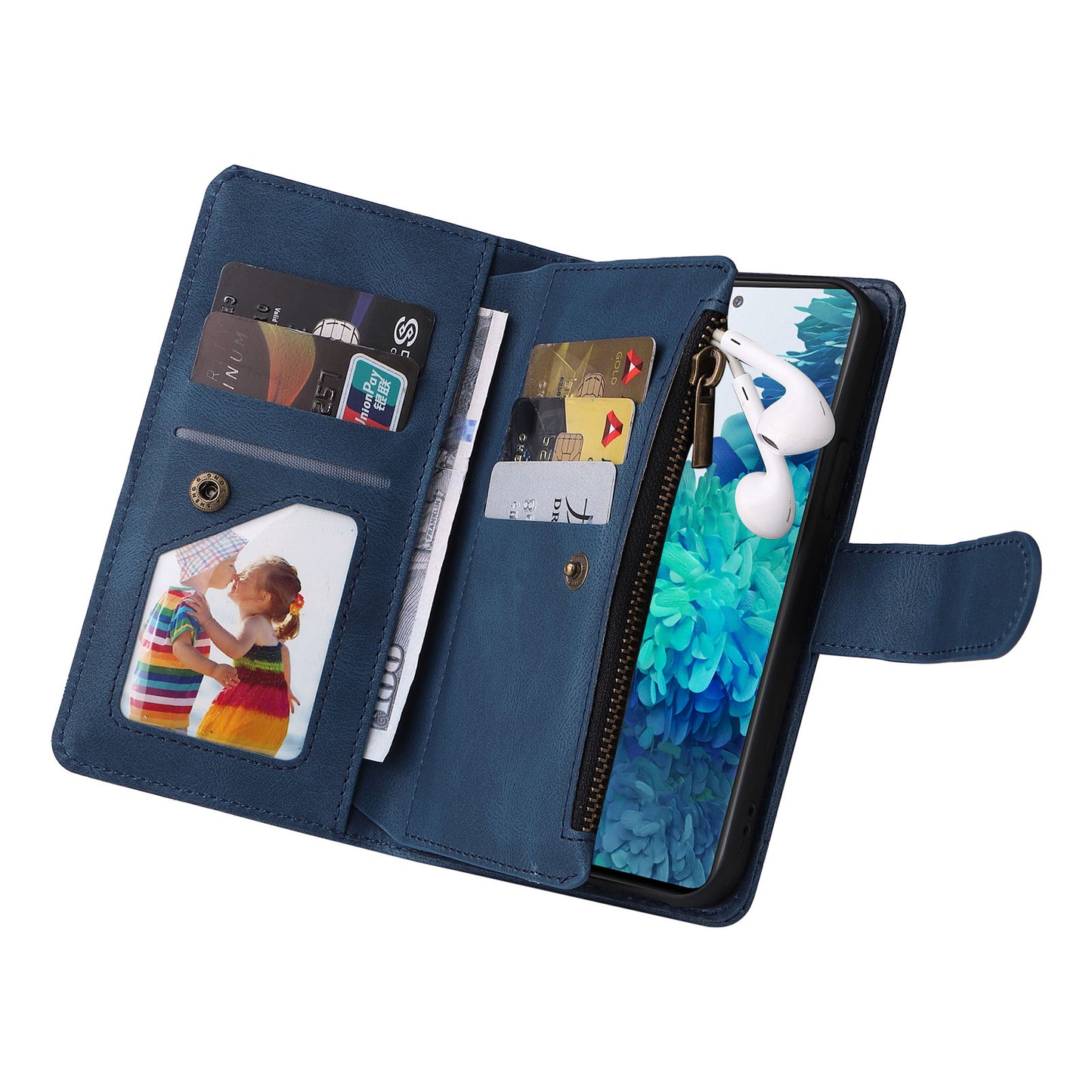 Full Protection Stripes Imprinted Skin-touch Wallet Stand Leather Cover Card Slots Phone Case with Zipper Pocket for Samsung Galaxy S20 FE 2022/S20 FE/S20 FE 5G/S20 Lite - Blue