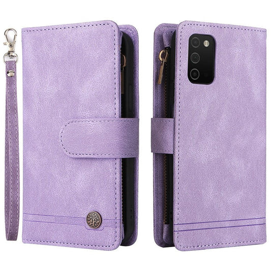 Imprinting Stripes Zipper Pocket Multiple Card Slots Leather Cover Phone Case with Stand Wallet for Samsung Galaxy A03s (166.5 x 75.98 x 9.14mm) - Purple