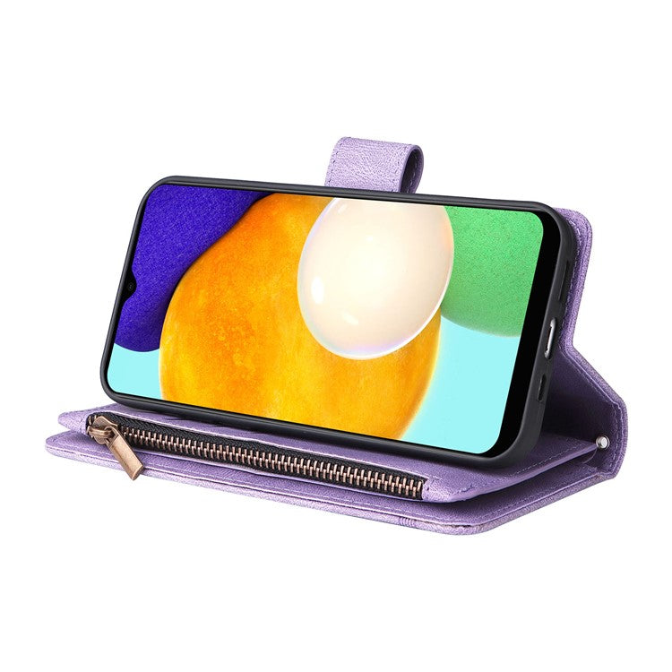 Imprinting Stripes Zipper Pocket Multiple Card Slots Leather Cover Phone Case with Stand Wallet for Samsung Galaxy A03s (166.5 x 75.98 x 9.14mm) - Purple