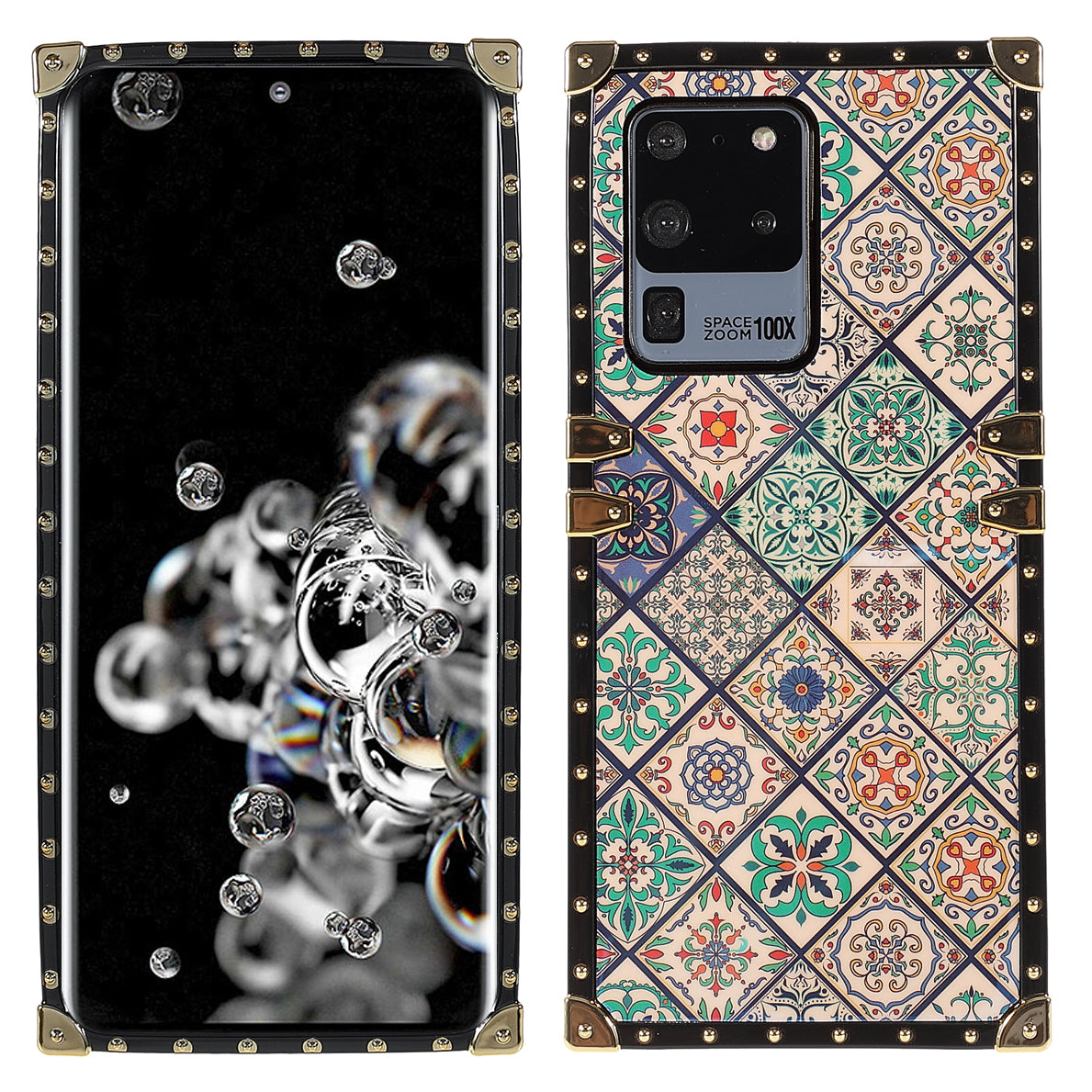 For Samsung Galaxy S20 Ultra Glossy Square Flexible TPU Phone Cover Electroplating Ethnic Style Pattern Printing Mobile Case - Blue and White Porcelain