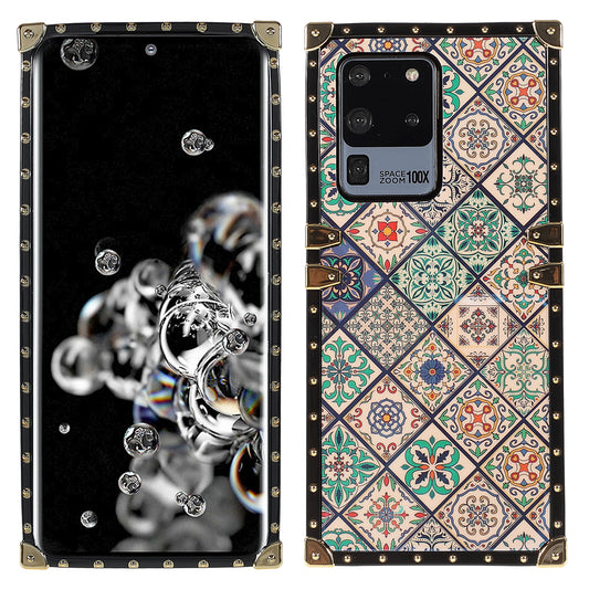 For Samsung Galaxy S20 Ultra Glossy Square Flexible TPU Phone Cover Electroplating Ethnic Style Pattern Printing Mobile Case - Blue and White Porcelain