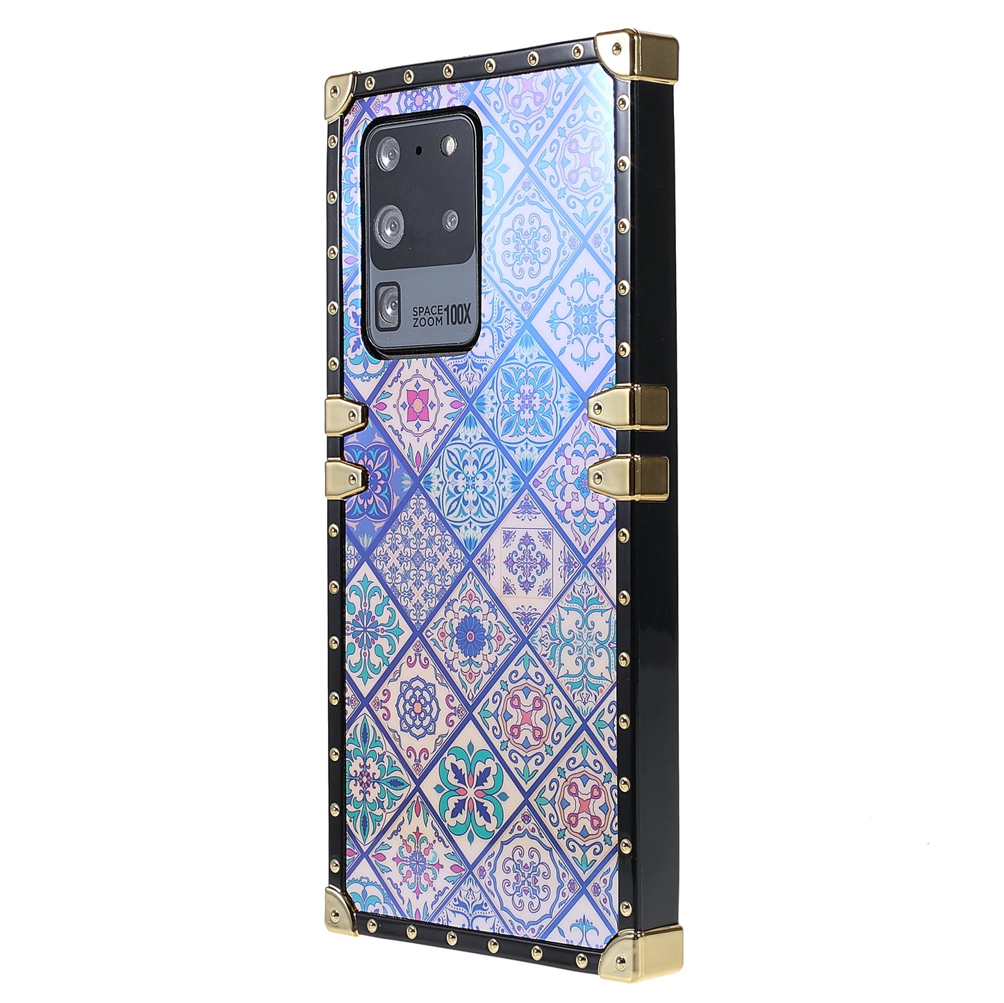 For Samsung Galaxy S20 Ultra Glossy Square Flexible TPU Phone Cover Electroplating Ethnic Style Pattern Printing Mobile Case - Blue and White Porcelain