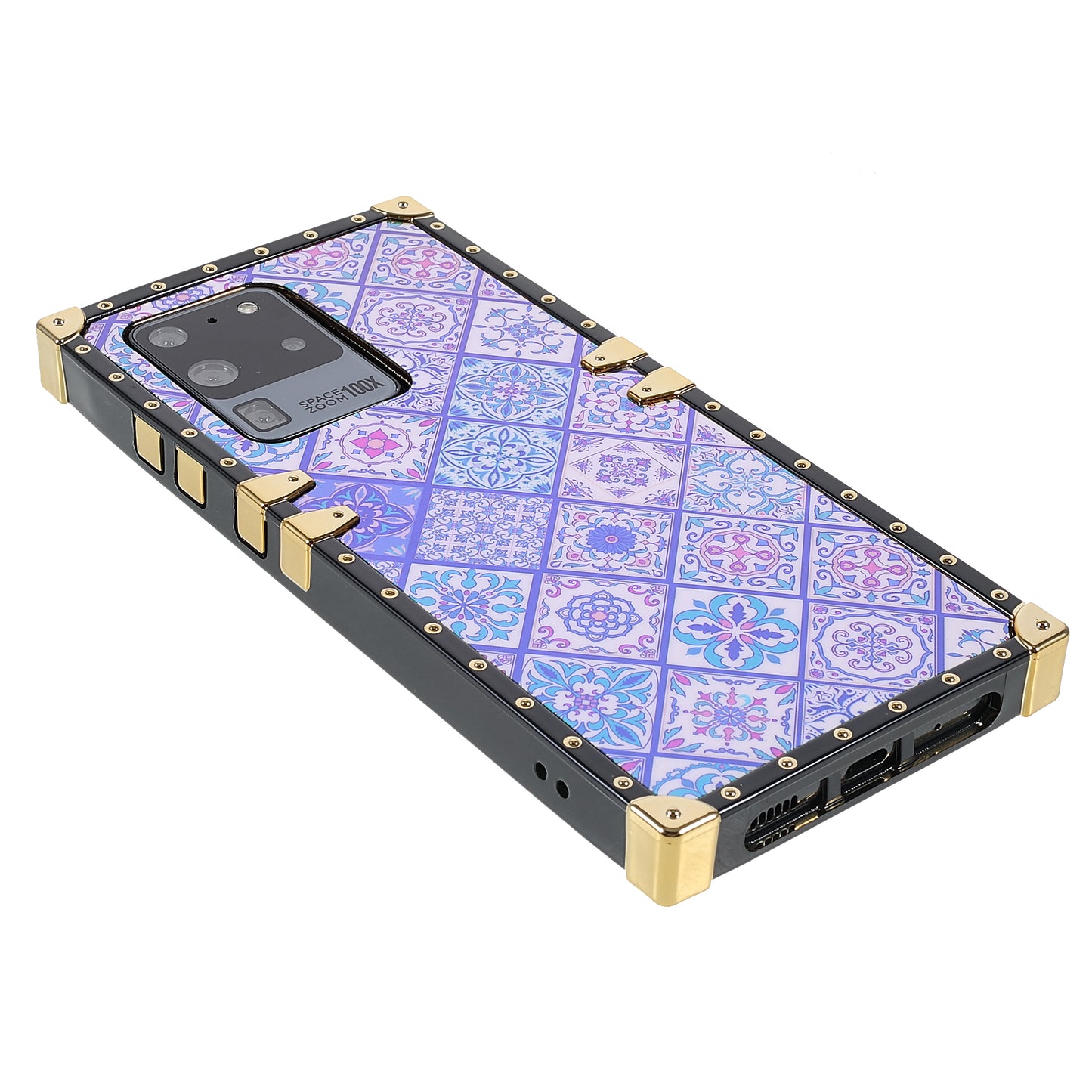 For Samsung Galaxy S20 Ultra Glossy Square Flexible TPU Phone Cover Electroplating Ethnic Style Pattern Printing Mobile Case - Blue and White Porcelain