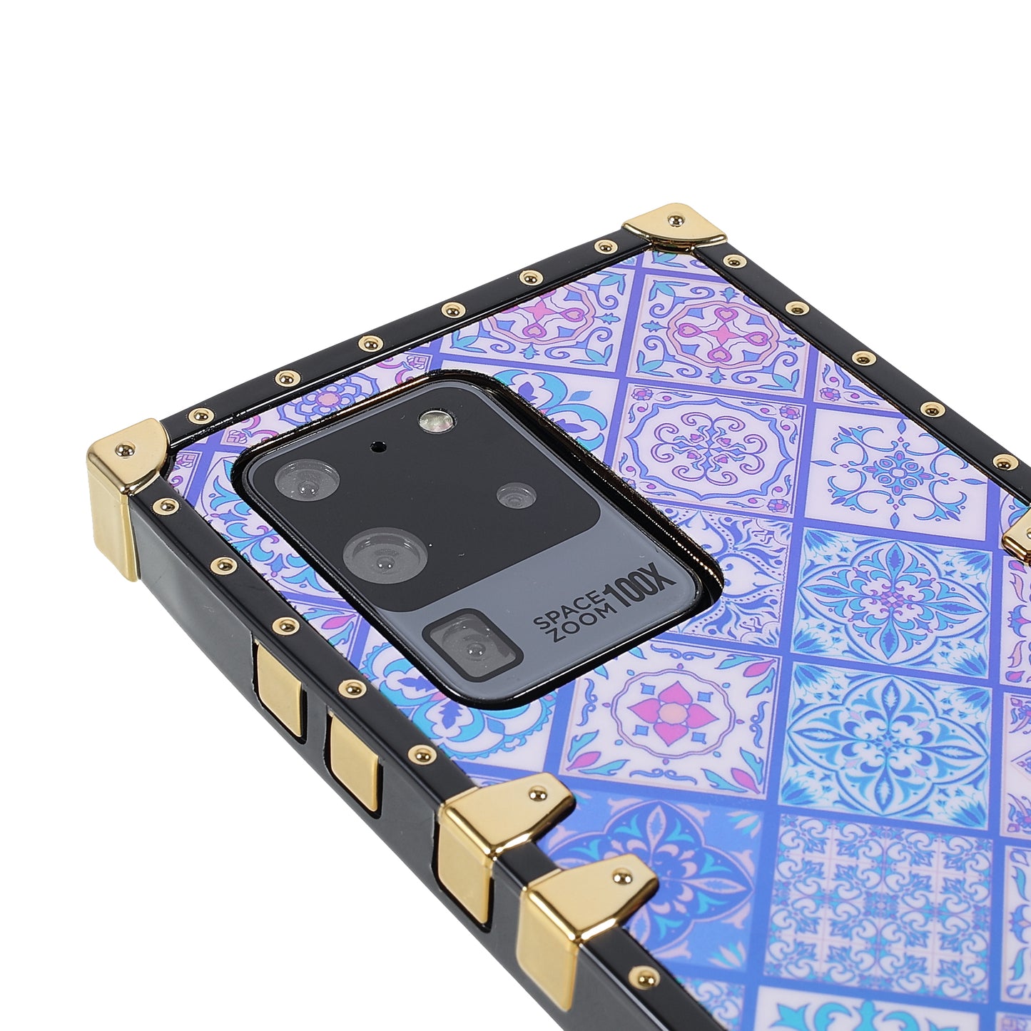 For Samsung Galaxy S20 Ultra Glossy Square Flexible TPU Phone Cover Electroplating Ethnic Style Pattern Printing Mobile Case - Blue and White Porcelain