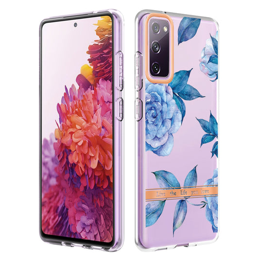 LB5 Series Flower Patterns TPU Phone Case Electroplating IMD IML Ultra Slim Phone Cover for Samsung Galaxy S20 FE 2022/S20 FE/S20 FE 5G/S20 Fan Edition/S20 Fan Edition 5G/S20 Lite - HC003 Blue Peony