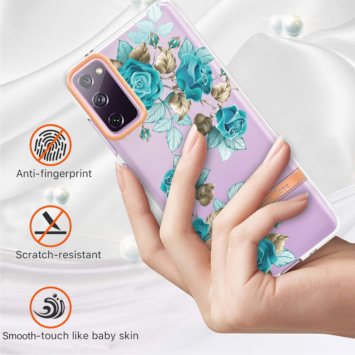 LB5 Series Flower Patterns TPU Phone Case Electroplating IMD IML Ultra Slim Phone Cover for Samsung Galaxy S20 FE 2022/S20 FE/S20 FE 5G/S20 Fan Edition/S20 Fan Edition 5G/S20 Lite - HC002 Blue Rose