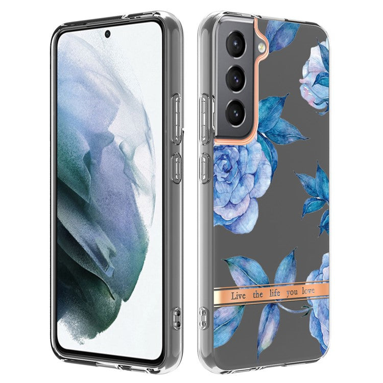 LB5 Series Electroplating IMD IML TPU Case Transparent Base Flower Patterns Phone Cover for Samsung Galaxy S22 5G - HC003 Blue Peony
