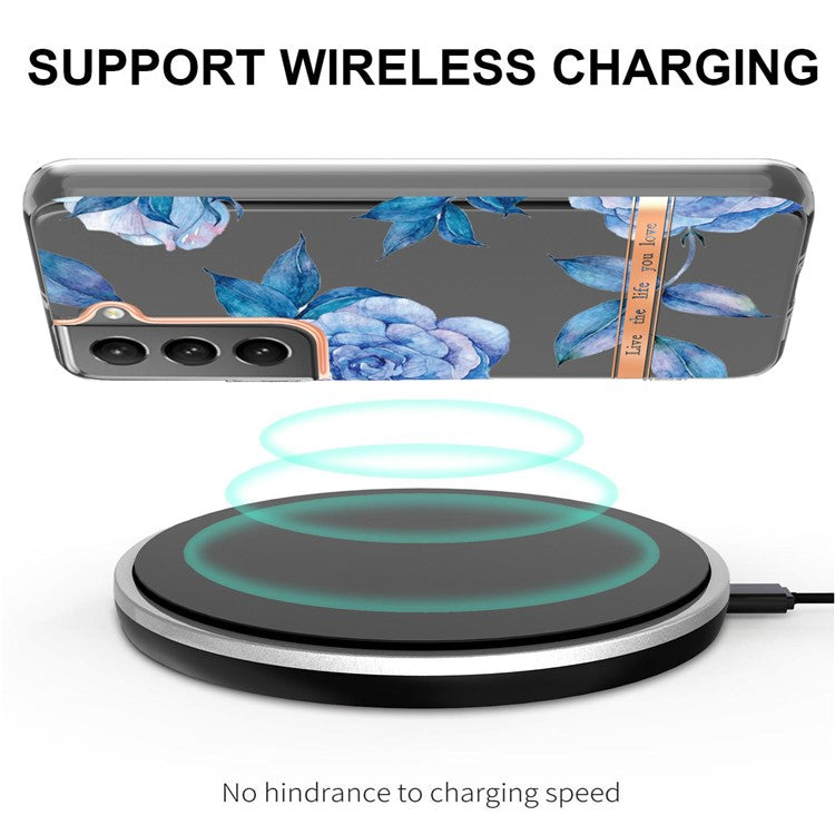 LB5 Series Electroplating IMD IML TPU Case Transparent Base Flower Patterns Phone Cover for Samsung Galaxy S22 5G - HC003 Blue Peony