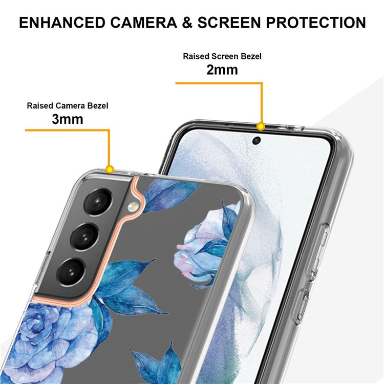 LB5 Series Electroplating IMD IML TPU Case Transparent Base Flower Patterns Phone Cover for Samsung Galaxy S22 5G - HC003 Blue Peony