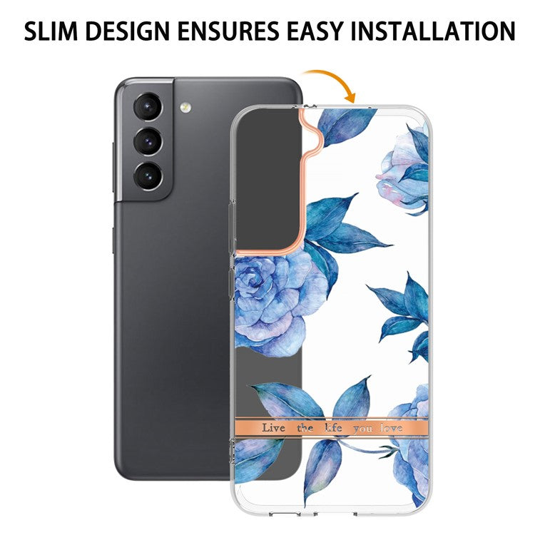 LB5 Series Electroplating IMD IML TPU Case Transparent Base Flower Patterns Phone Cover for Samsung Galaxy S22 5G - HC003 Blue Peony