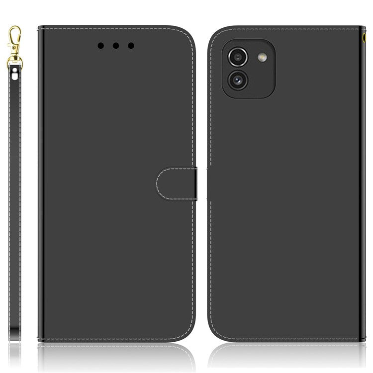 For Samsung Galaxy A03 (166.5 x 75.98 x 9.14mm) Wrist Strap Magnetic Closure Mirror-like Surface Cover PU Leather + TPU Foldable Stand Phone Case with Wallet - Black