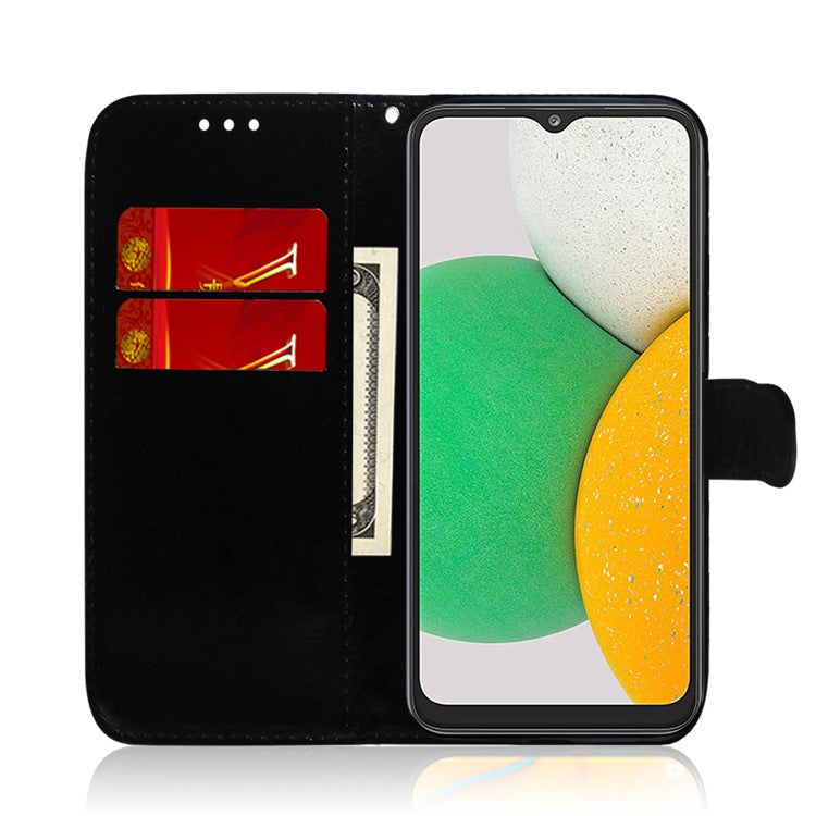 For Samsung Galaxy A03 (166.5 x 75.98 x 9.14mm) Wrist Strap Magnetic Closure Mirror-like Surface Cover PU Leather + TPU Foldable Stand Phone Case with Wallet - Black