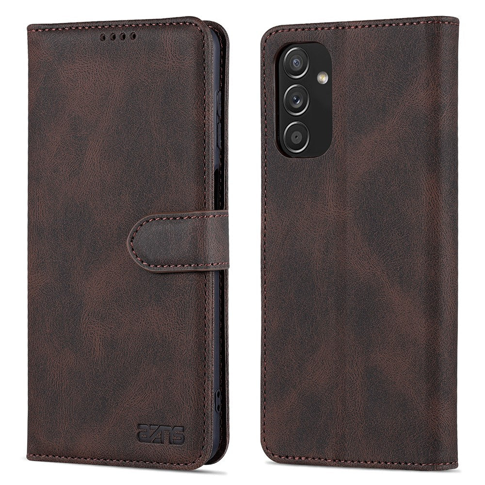 AZNS PU Leather Wallet Stand Full Protection Anti-fall Phone Case Cover for Samsung Galaxy M52 5G - Brown