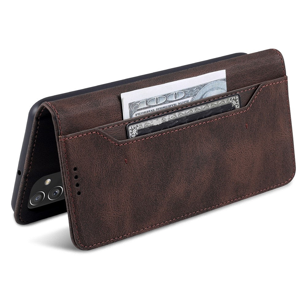 AZNS PU Leather Wallet Stand Full Protection Anti-fall Phone Case Cover for Samsung Galaxy M52 5G - Brown
