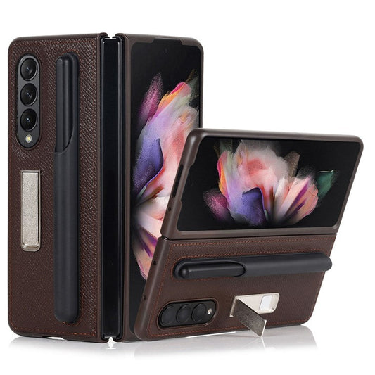 Palm Print Genuine Leather + PC Phone Case Kickstand Cover with Detachable Pen Slot for Samsung Galaxy Z Fold3 5G - Brown