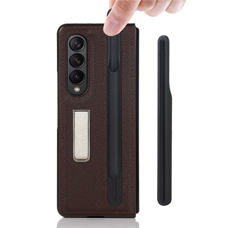 Palm Print Genuine Leather + PC Phone Case Kickstand Cover with Detachable Pen Slot for Samsung Galaxy Z Fold3 5G - Brown