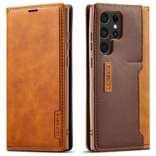 LC.IMEEKE LC-001 Series Color Splicing PU Leather + TPU Phone Case Cover with Card Holder for Samsung Galaxy S22 Ultra 5G - Brown