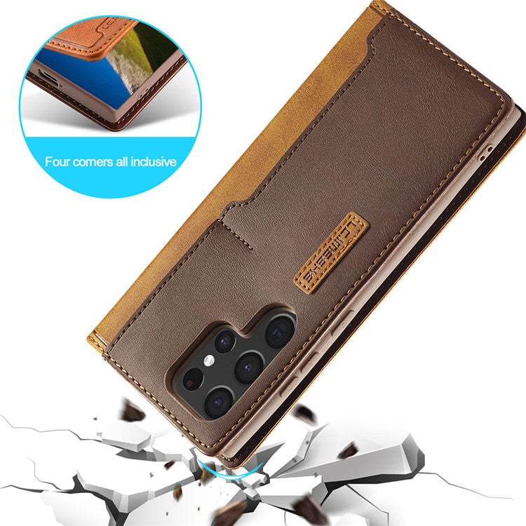 LC.IMEEKE LC-001 Series Color Splicing PU Leather + TPU Phone Case Cover with Card Holder for Samsung Galaxy S22 Ultra 5G - Brown