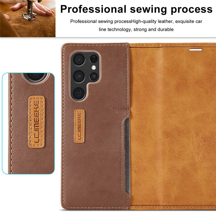 LC.IMEEKE LC-001 Series Color Splicing PU Leather + TPU Phone Case Cover with Card Holder for Samsung Galaxy S22 Ultra 5G - Brown