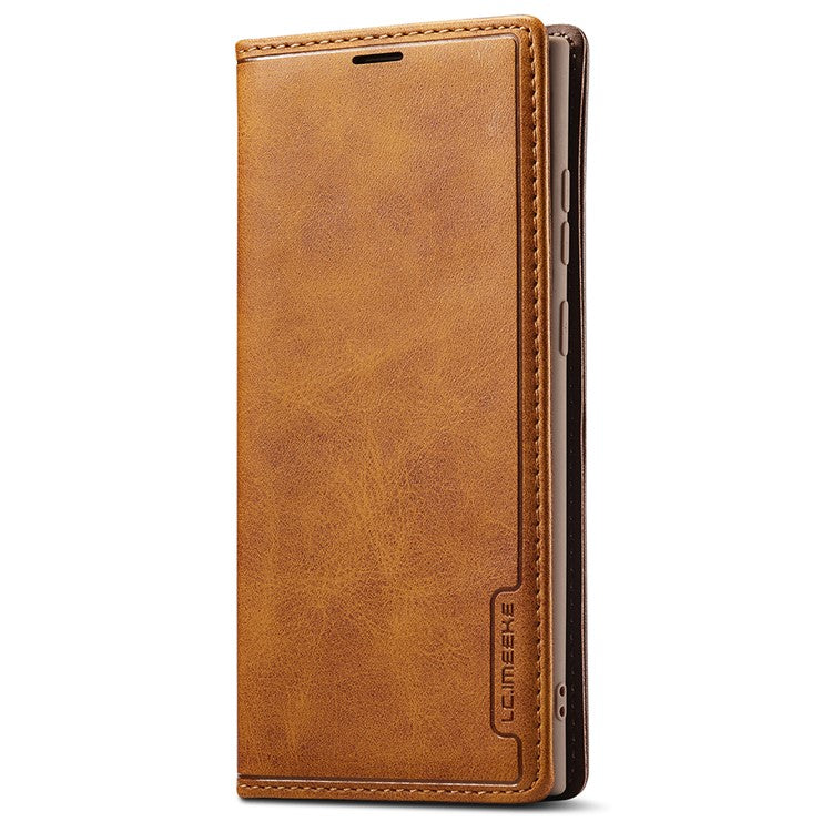 LC.IMEEKE LC-001 Series Color Splicing PU Leather + TPU Phone Case Cover with Card Holder for Samsung Galaxy S22 Ultra 5G - Brown