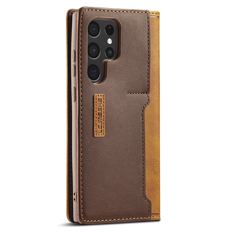LC.IMEEKE LC-001 Series Color Splicing PU Leather + TPU Phone Case Cover with Card Holder for Samsung Galaxy S22 Ultra 5G - Brown