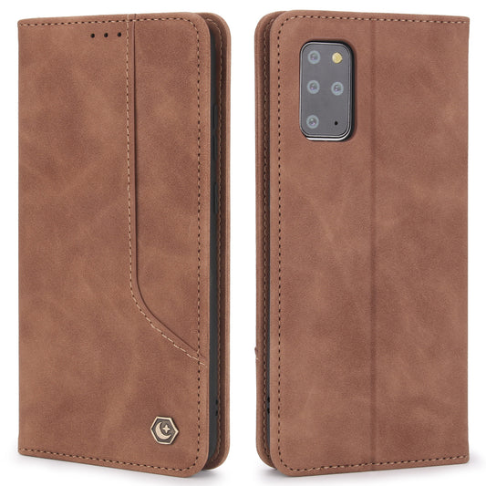 POLA 008 Series Retro Style Full Protection PU Leather + TPU Magnetic Auto Closing Phone Cover with Stand Wallet for Samsung Galaxy S20 Plus 4G/5G - Brown