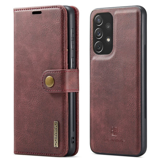 DG.MING Split Leather Wallet Phone Case Folio Flip Magnetic Detachable Stand Cover for Samsung Galaxy A73 5G - Red