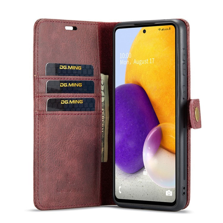 DG.MING Split Leather Wallet Phone Case Folio Flip Magnetic Detachable Stand Cover for Samsung Galaxy A73 5G - Red