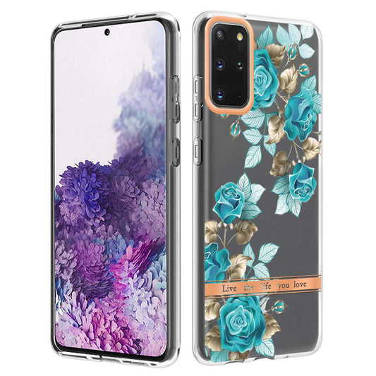 LB5 Series IMD IML Electroplating TPU Phone Case for Samsung Galaxy S20 Plus/S20 Plus 5G Flower Pattern Mobile Cover - HC002 Blue Rose