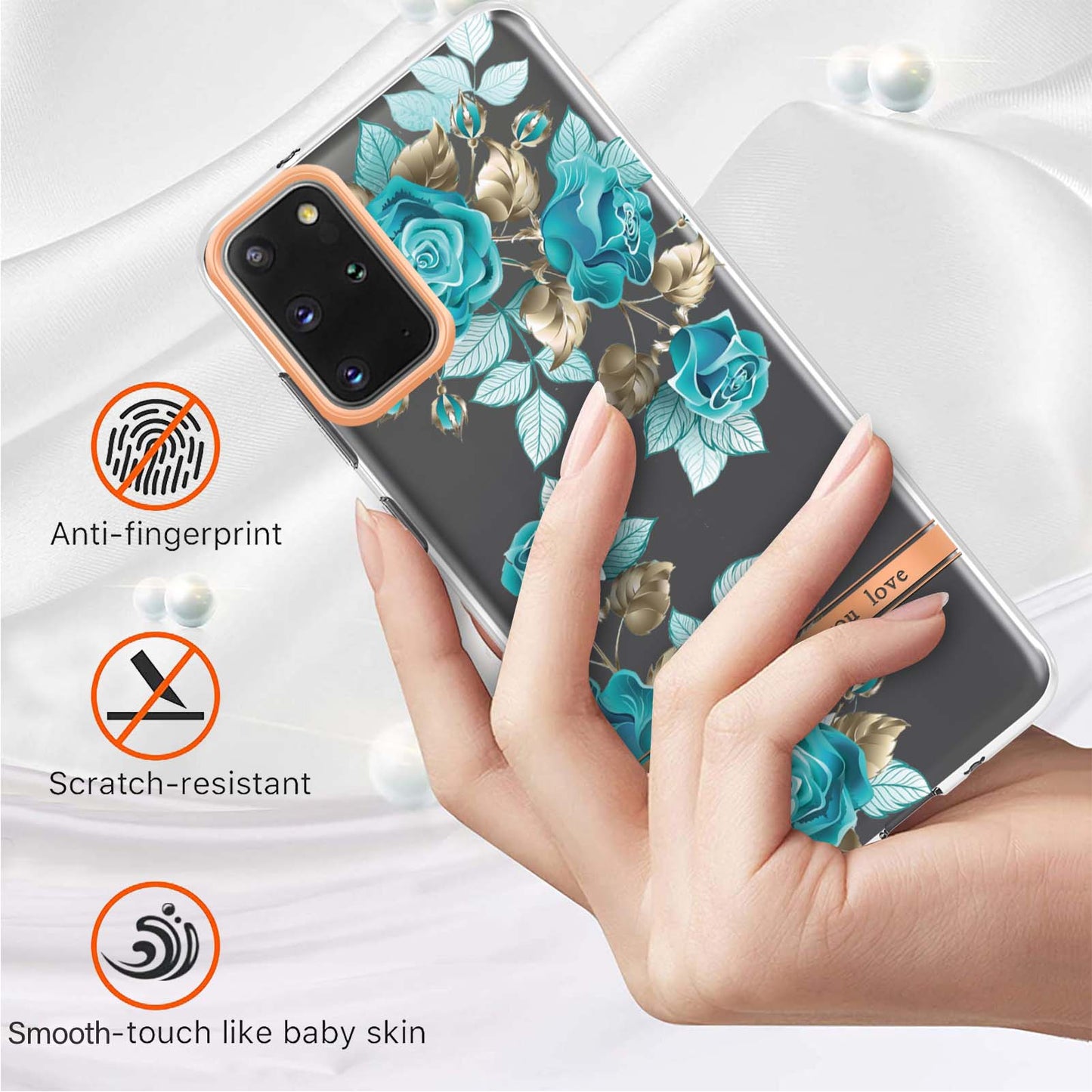 LB5 Series IMD IML Electroplating TPU Phone Case for Samsung Galaxy S20 Plus/S20 Plus 5G Flower Pattern Mobile Cover - HC002 Blue Rose